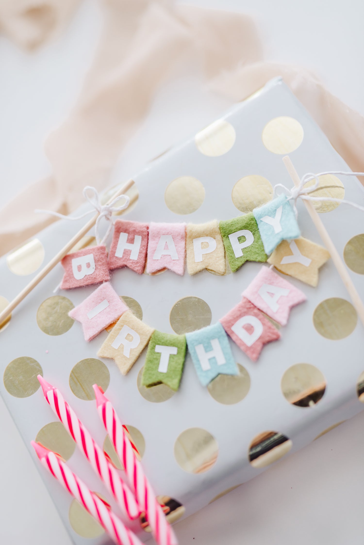 Pastel Rainbow Felt Happy Birthday Cake Topper