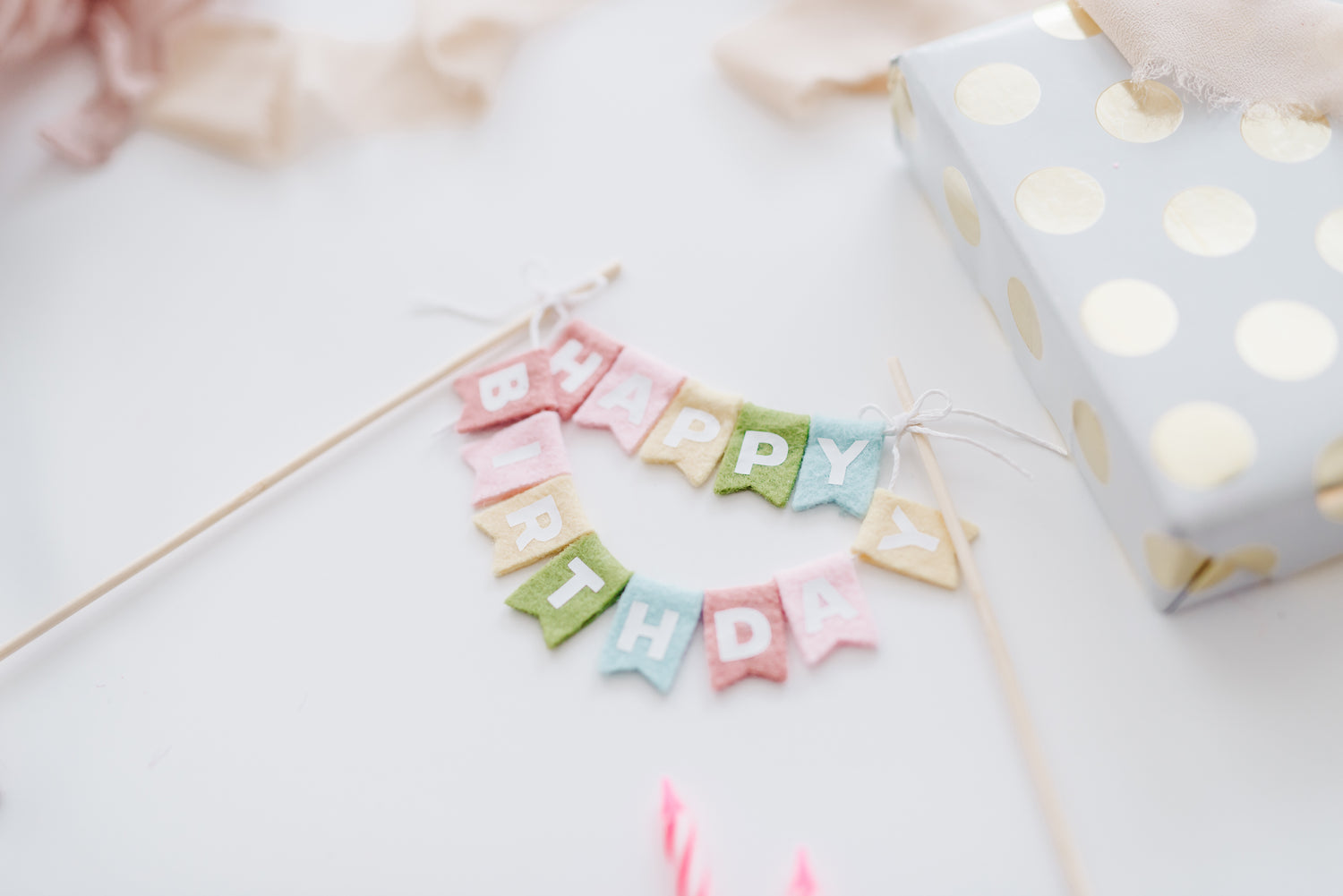 Pastel Rainbow Felt Happy Birthday Cake Topper