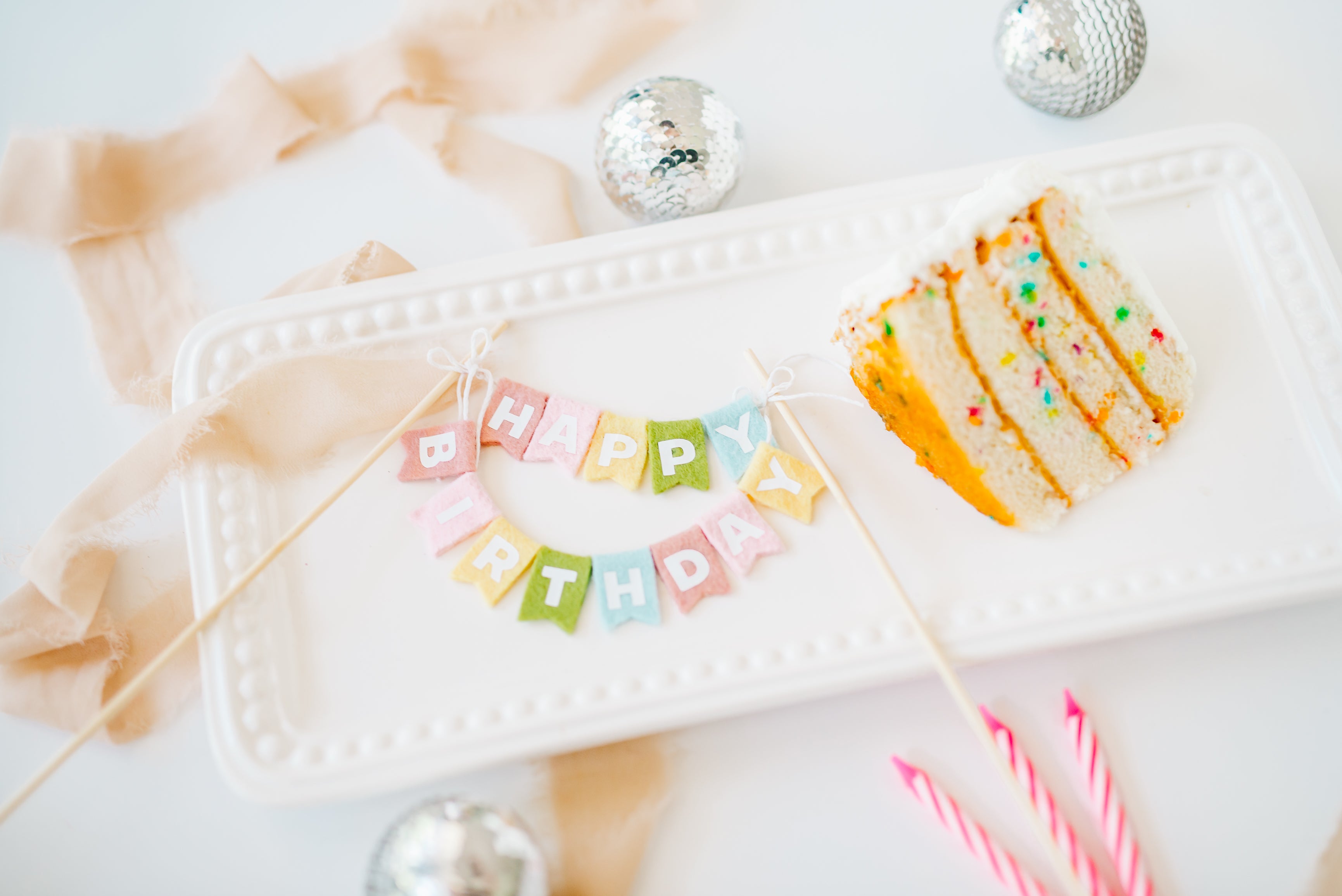 Pastel Rainbow Felt Happy Birthday Cake Topper