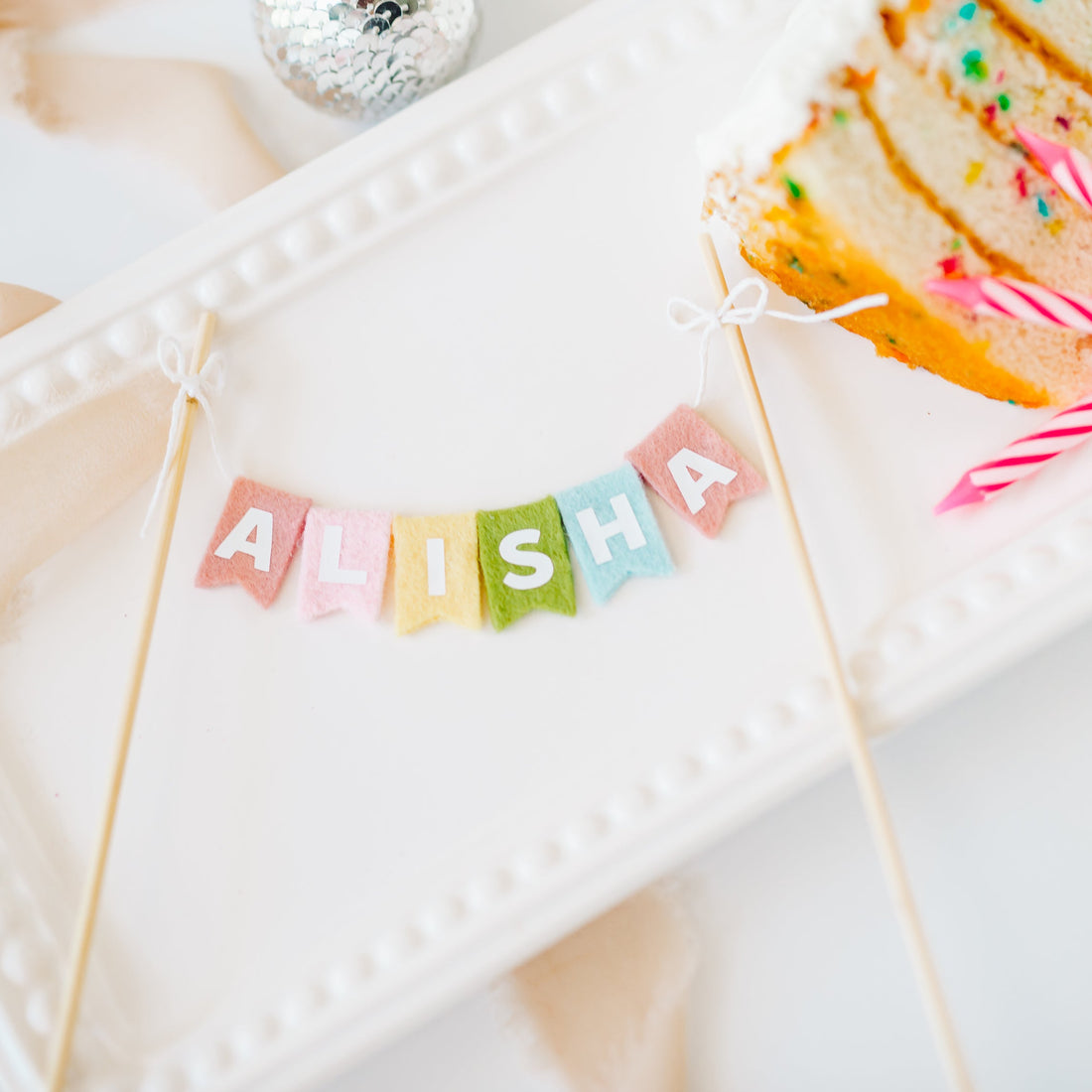 Personalized Felt Birthday Cake Topper | Pastel Rainbow