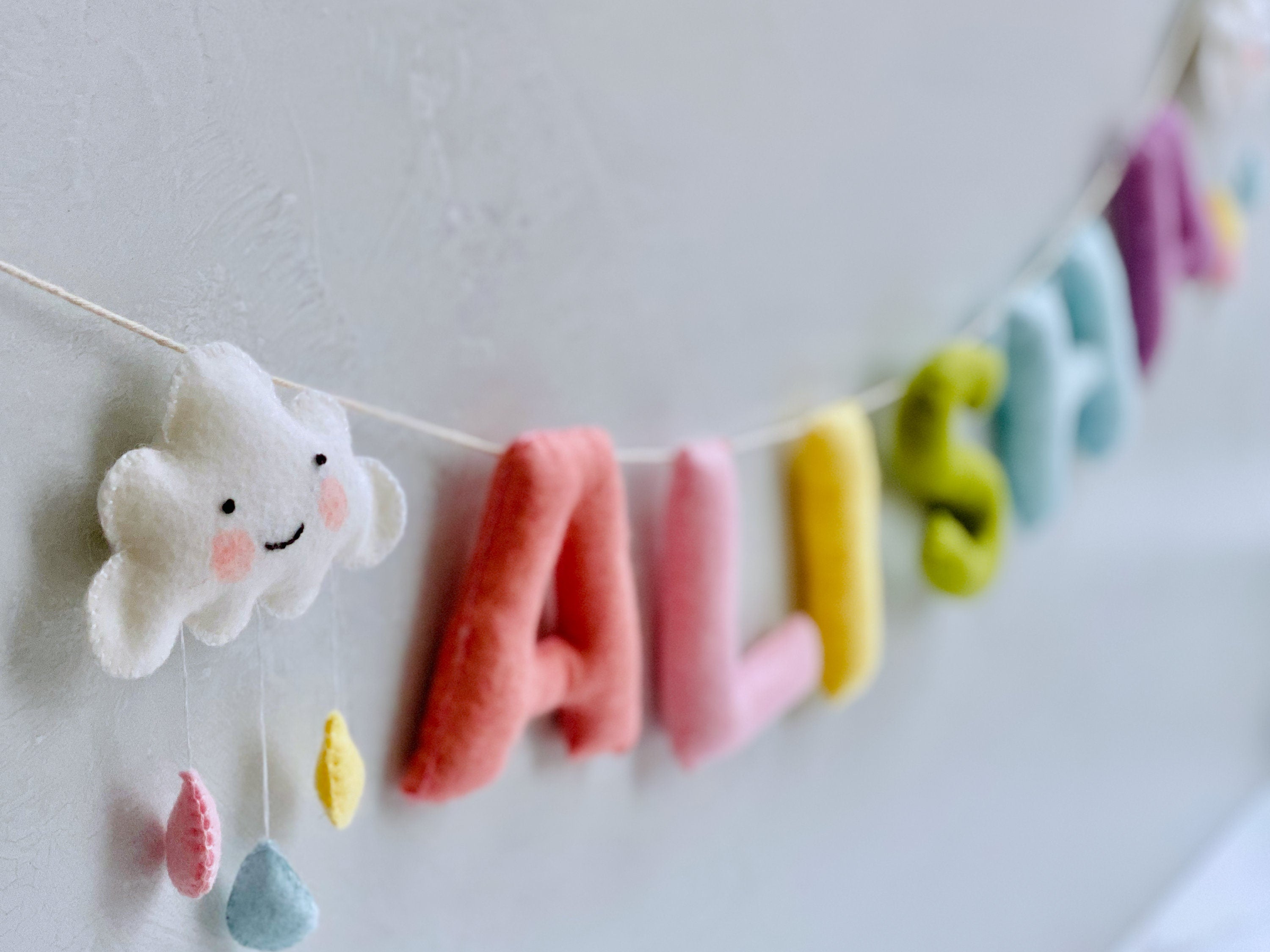 Name Sign for Nursery girl, Pastel Rainbow Felt Garland, Hanging Cloud, New Baby Gifts
