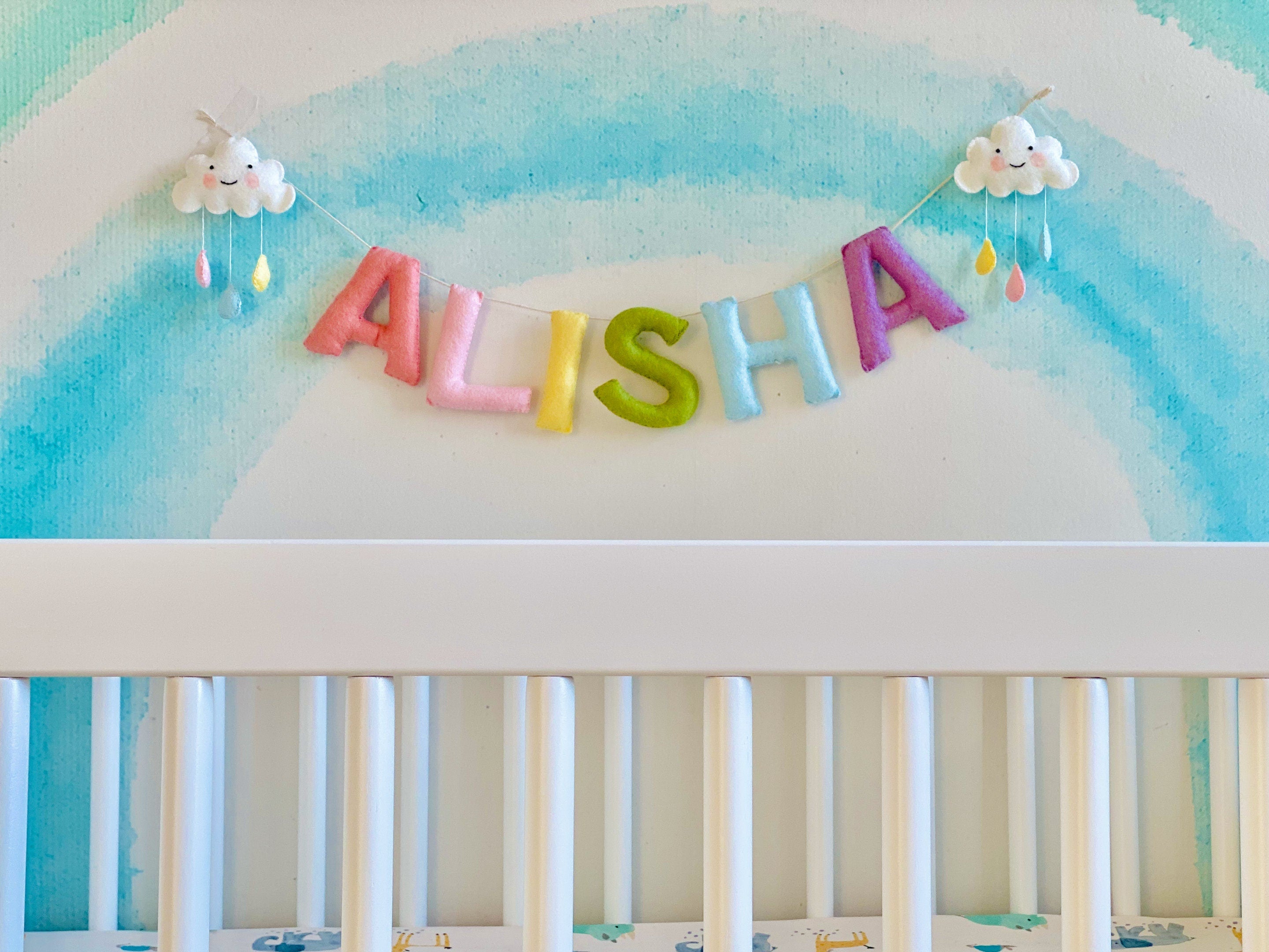 Name Sign for Nursery girl, Pastel Rainbow Felt Garland, Hanging Cloud, New Baby Gifts