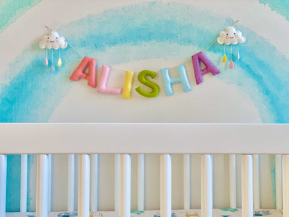 Name Sign for Nursery girl, Pastel Rainbow Felt Garland, Hanging Cloud, New Baby Gifts