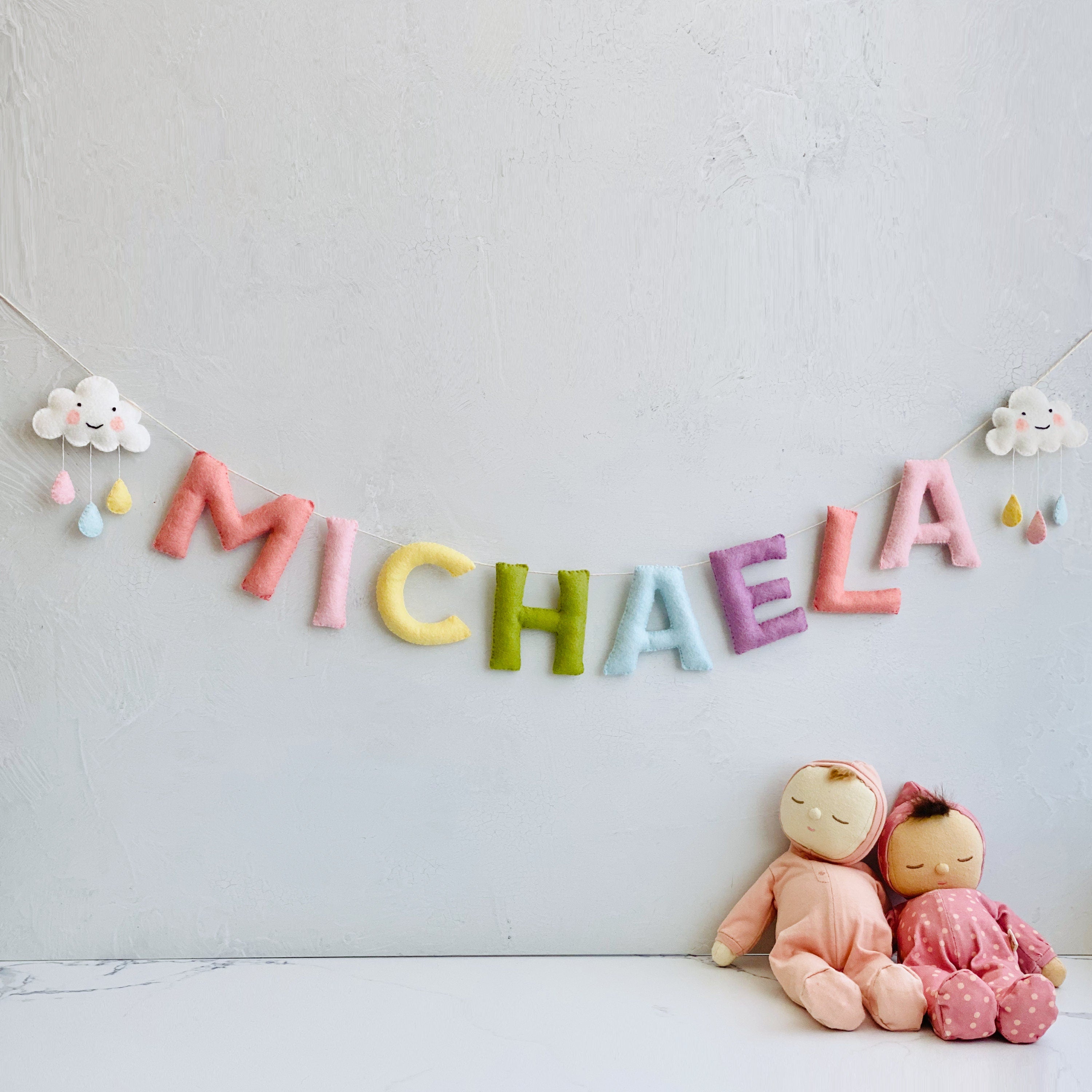 Name Sign for Nursery girl, Pastel Rainbow Felt Garland, Hanging Cloud, New Baby Gifts