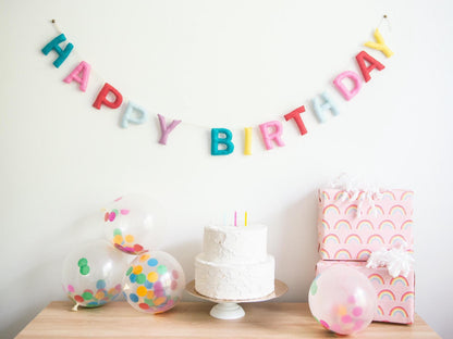 Felt happy birthday banner featuring colorful letters. Perfect for kids birthday party