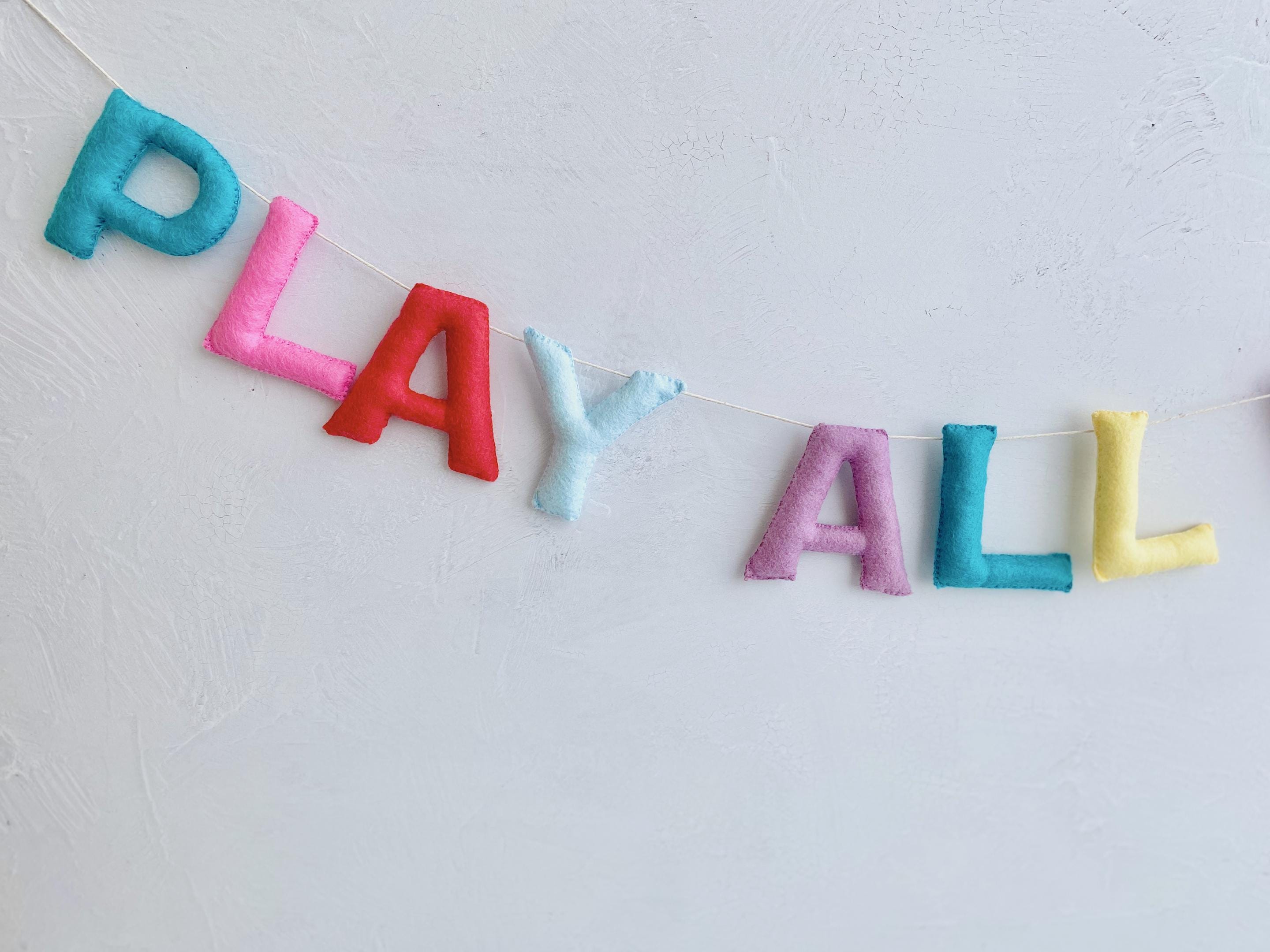 Playroom Sign, Rainbow Felt Garland, Playroom Wall Decor, Play All Day Sign