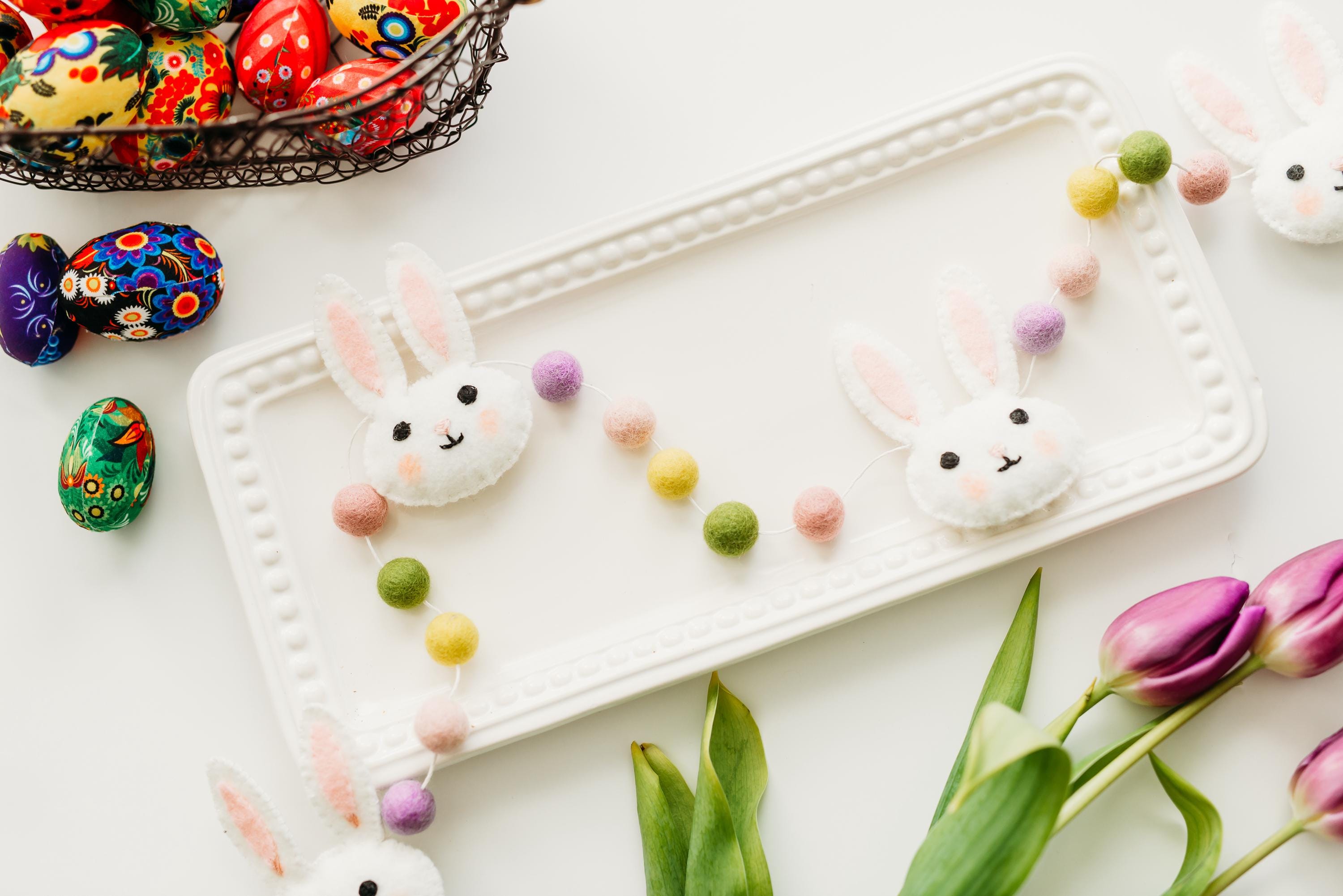 Easter Garland, Bunny Garland, Pastel Rainbow Felt Garland, Spring Banner, Easter mantel decor