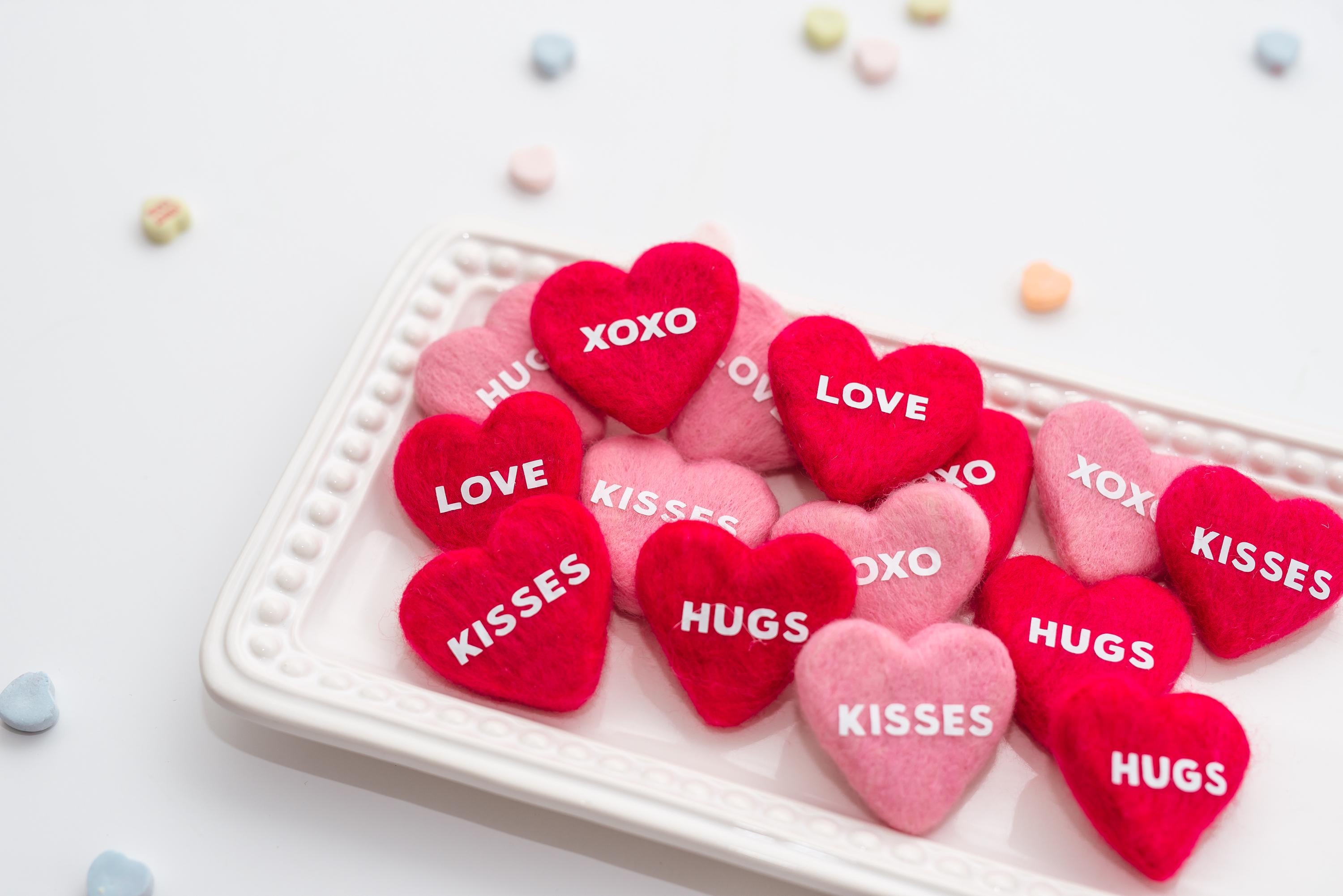 Sweetheart Felt Candy Hearts: Pink and Red Valentine Tiered Tray Decor