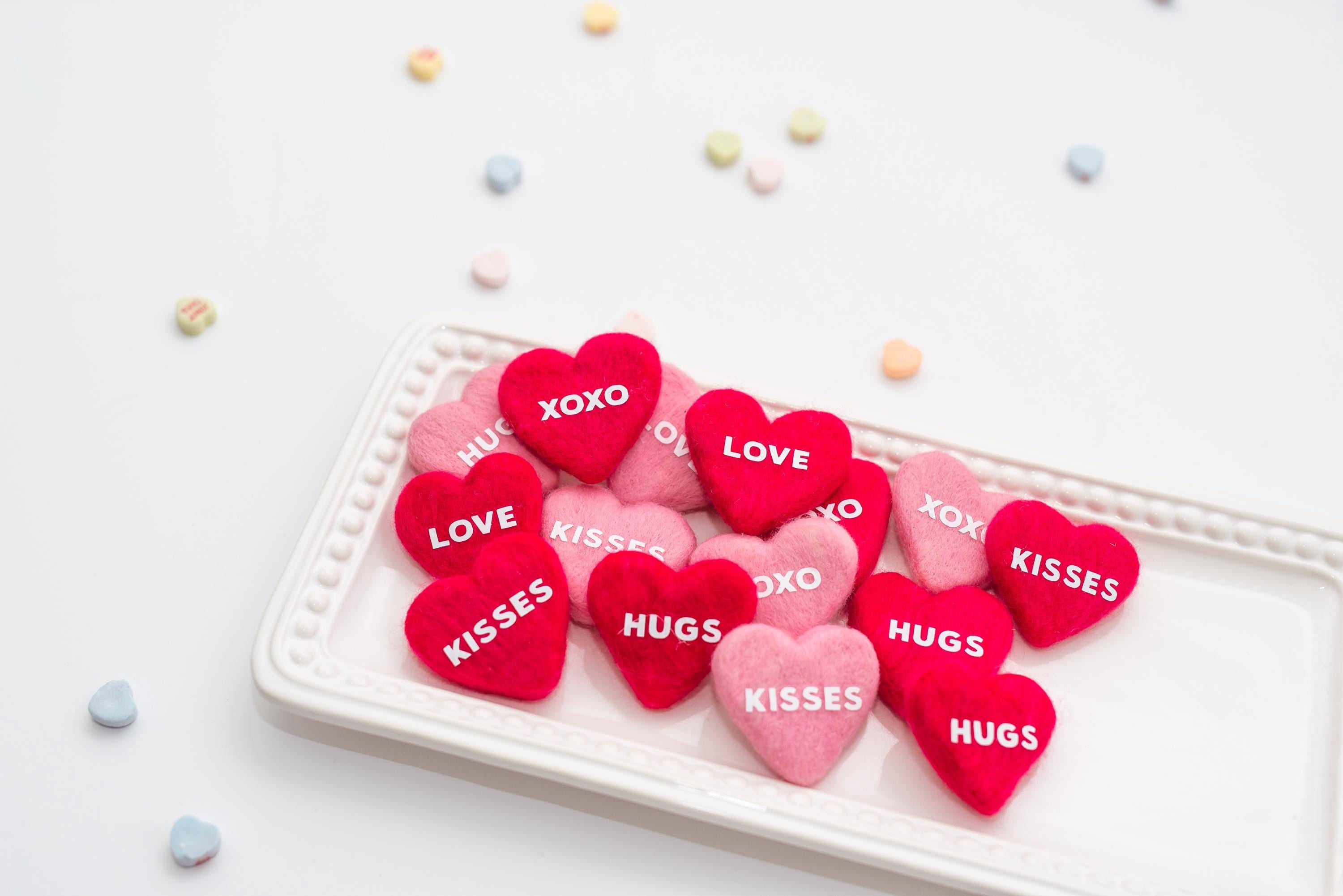 Sweetheart Felt Candy Hearts: Pink and Red Valentine Tiered Tray Decor