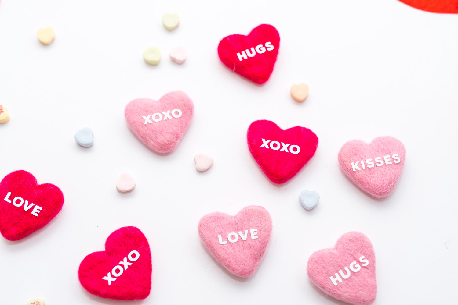 Sweetheart Felt Candy Hearts: Pink and Red Valentine Tiered Tray Decor