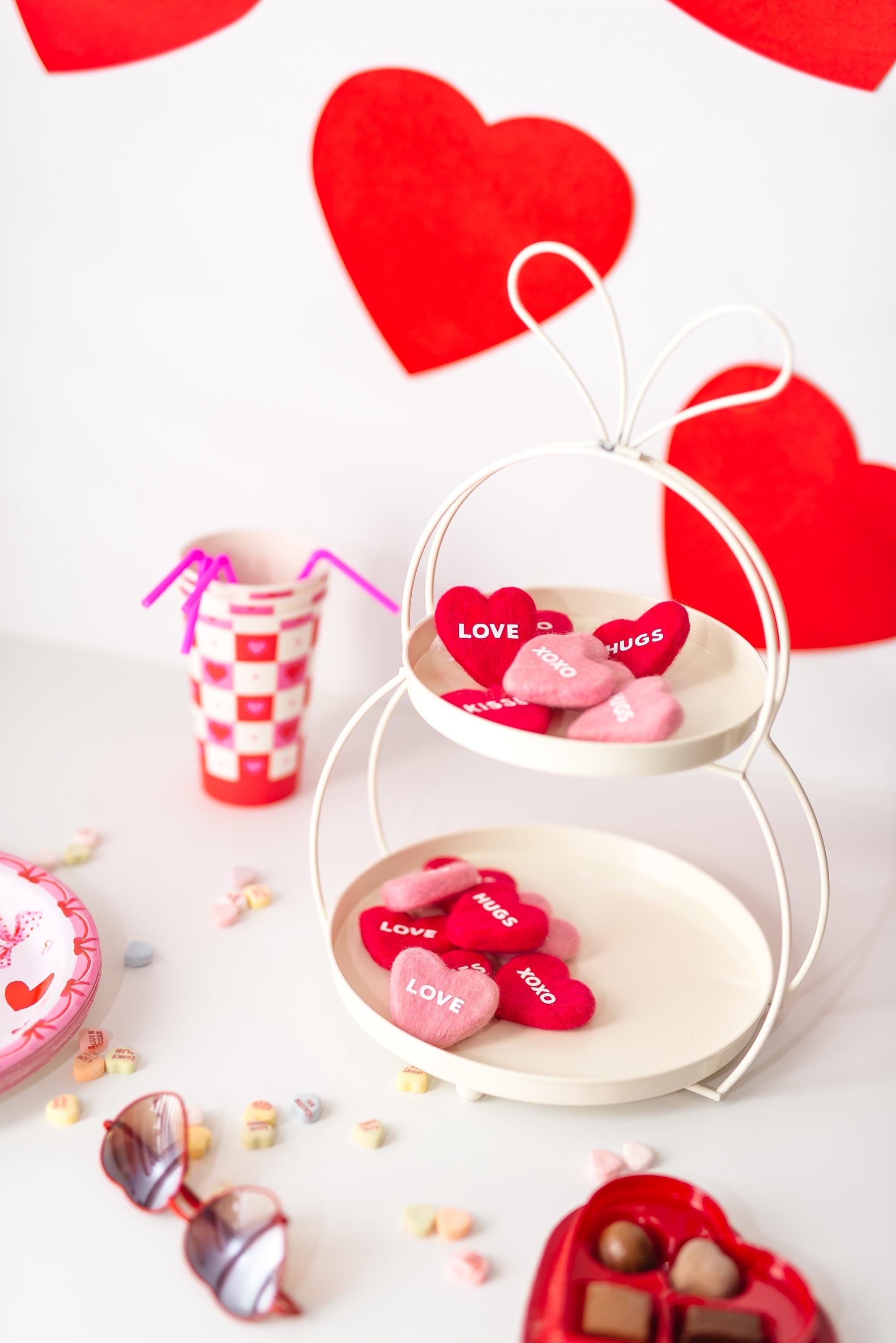 Sweetheart Felt Candy Hearts: Pink and Red Valentine Tiered Tray Decor
