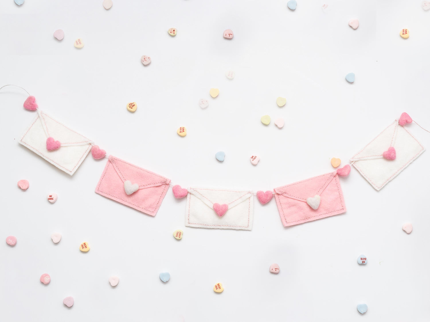 Pink and White Felt Valentine Envelope Garland: Love Letter Nursery Bookshelf Decor