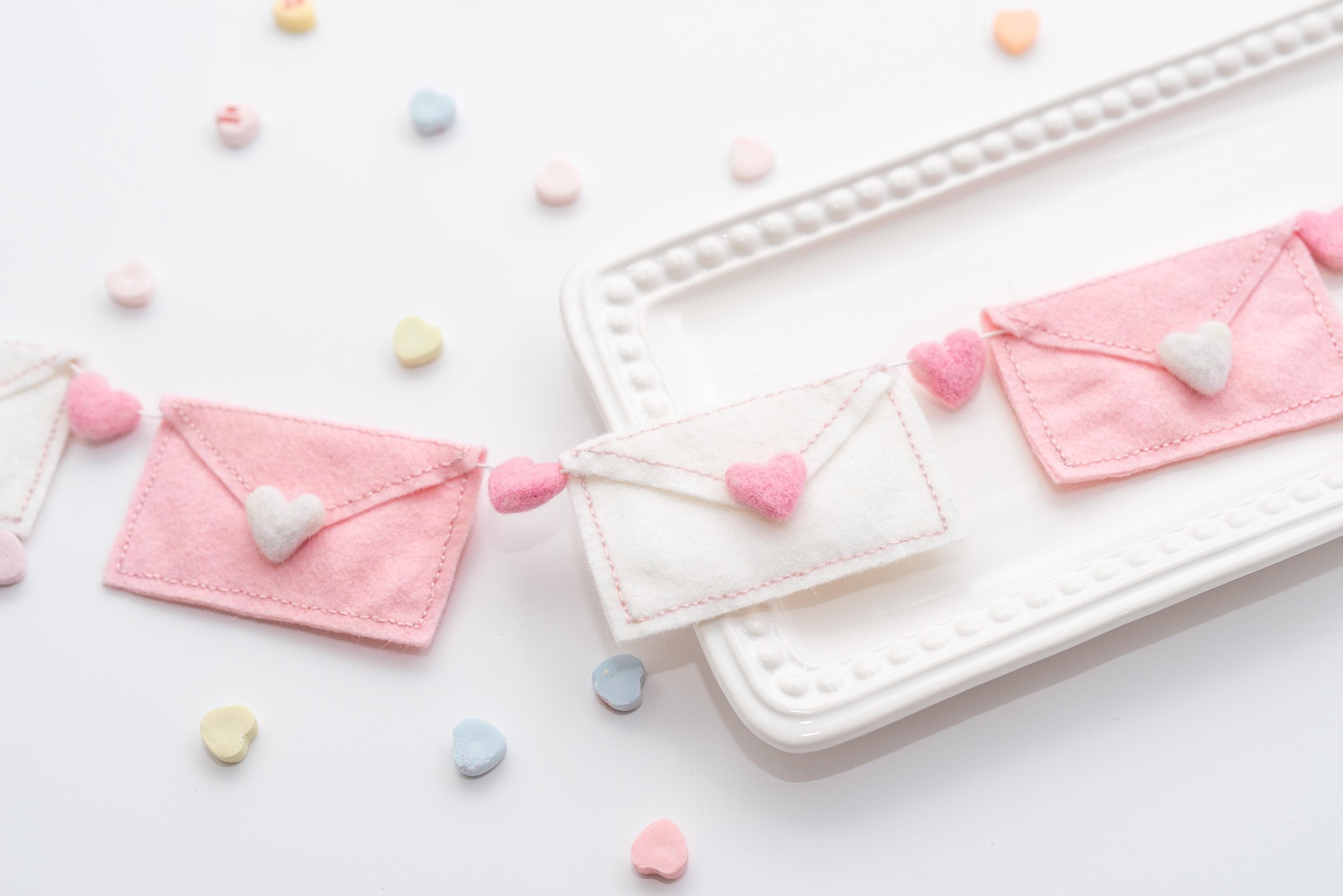 Pink and White Felt Valentine Envelope Garland: Love Letter Nursery Bookshelf Decor