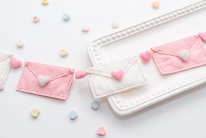 Pink and White Felt Valentine Envelope Garland: Love Letter Nursery Bookshelf Decor