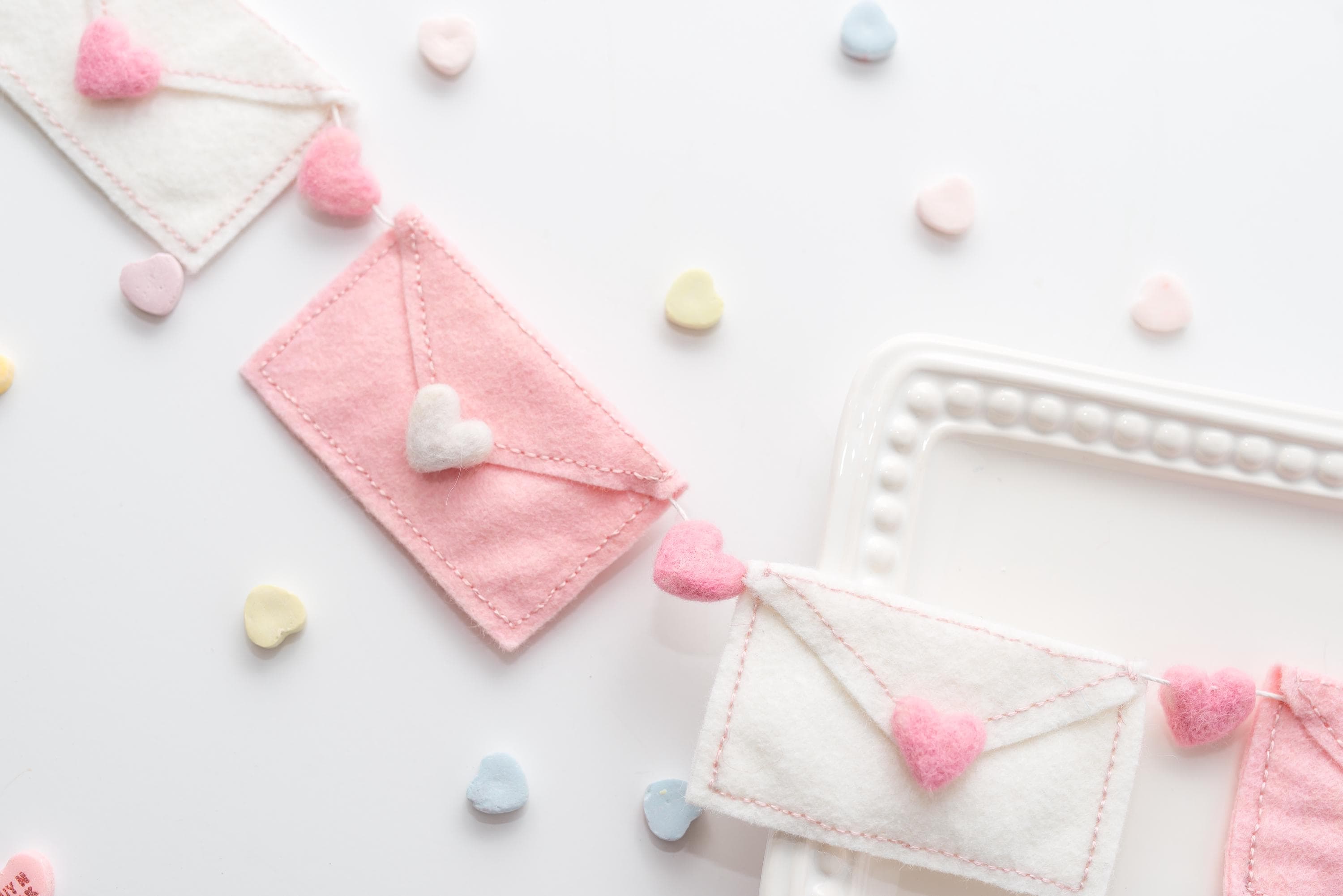 Pink and White Felt Valentine Envelope Garland: Love Letter Nursery Bookshelf Decor