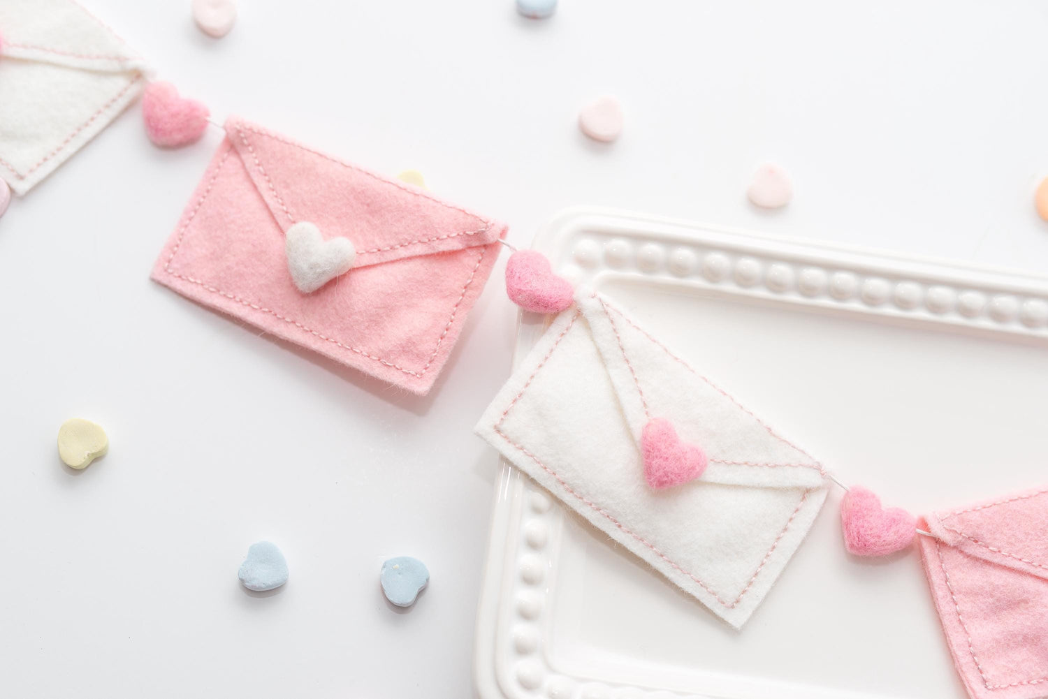 Pink and White Felt Valentine Envelope Garland: Love Letter Nursery Bookshelf Decor