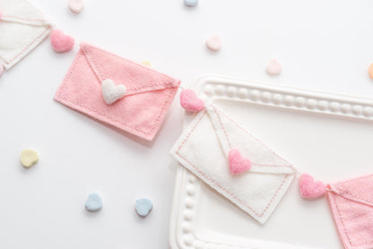 Pink and White Felt Valentine Envelope Garland: Love Letter Nursery Bookshelf Decor
