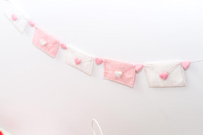 Pink and White Felt Valentine Envelope Garland: Love Letter Nursery Bookshelf Decor