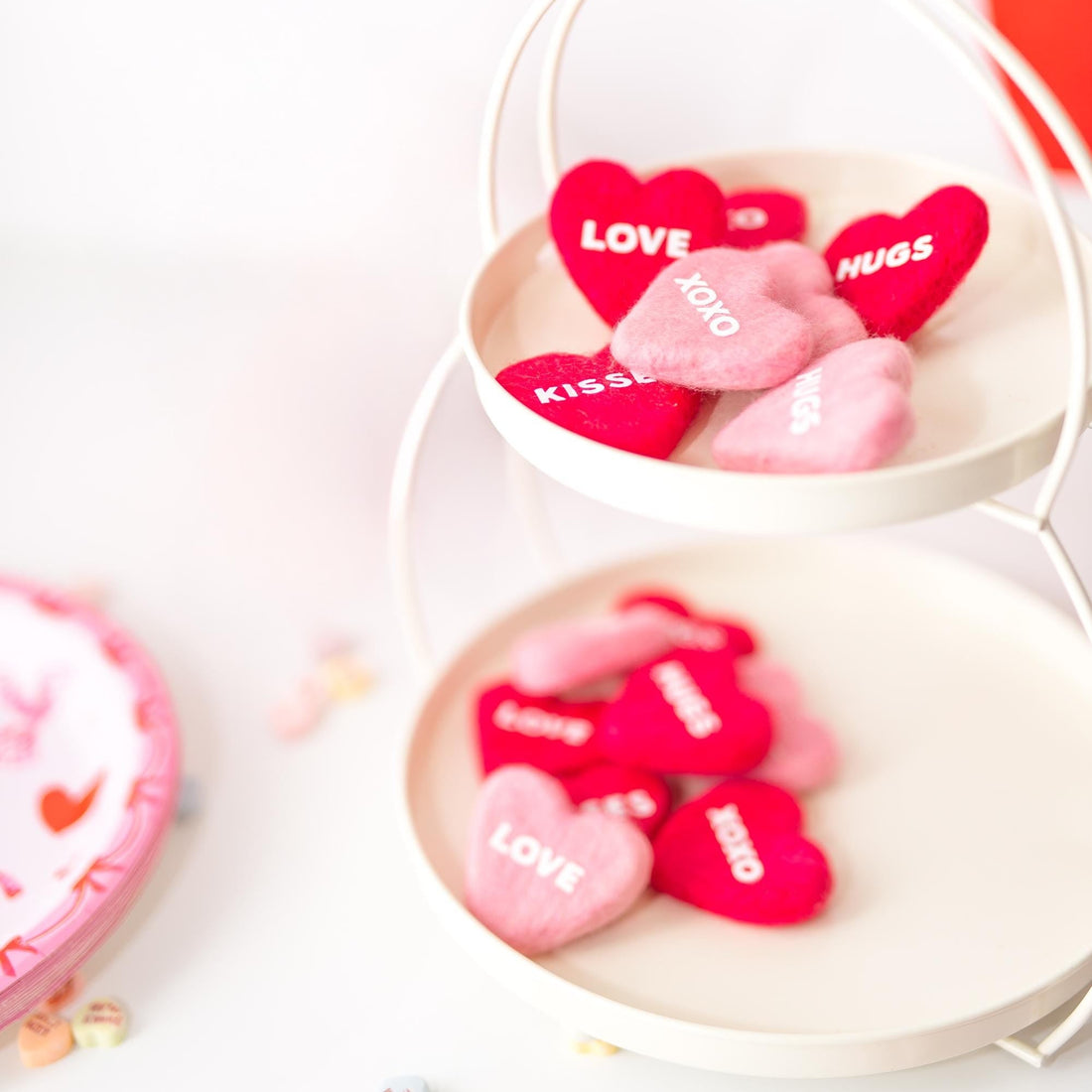 Sweetheart Felt Candy Hearts: Pink and Red Valentine Tiered Tray Decor