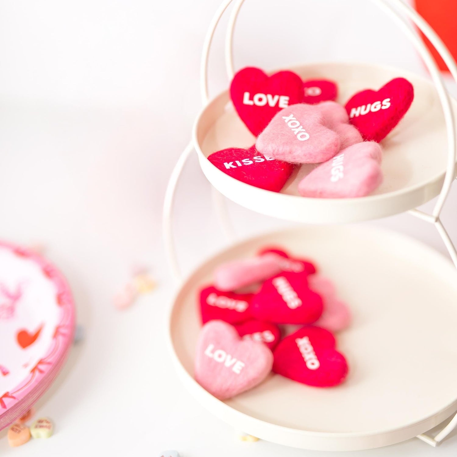 Sweetheart Felt Candy Hearts: Pink and Red Valentine Tiered Tray Decor