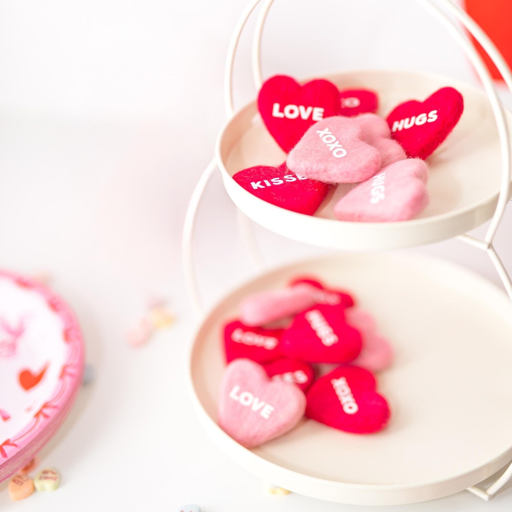 Sweetheart Felt Candy Hearts: Pink and Red Valentine Tiered Tray Decor
