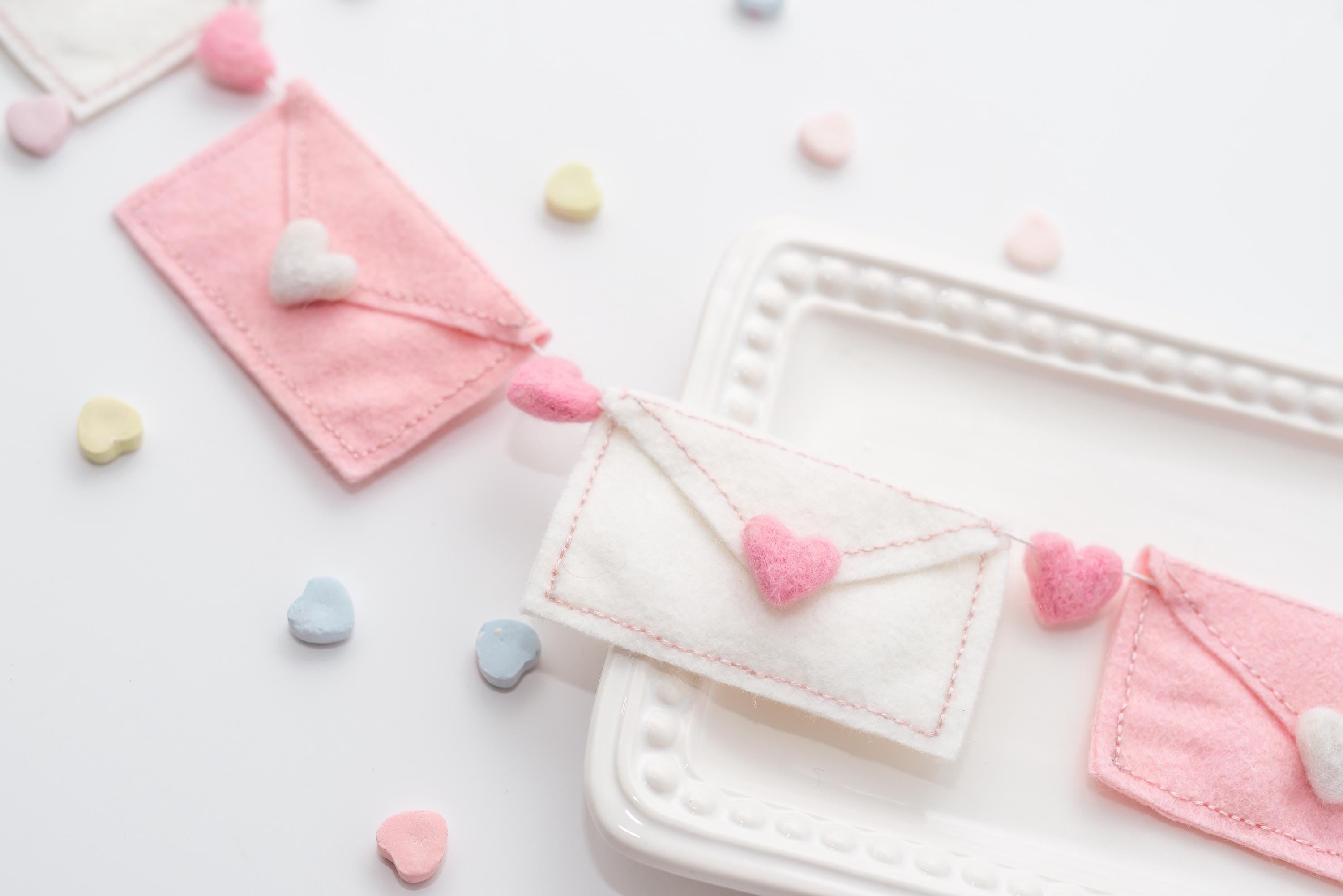 Pink and White Felt Valentine Envelope Garland: Love Letter Nursery Bookshelf Decor