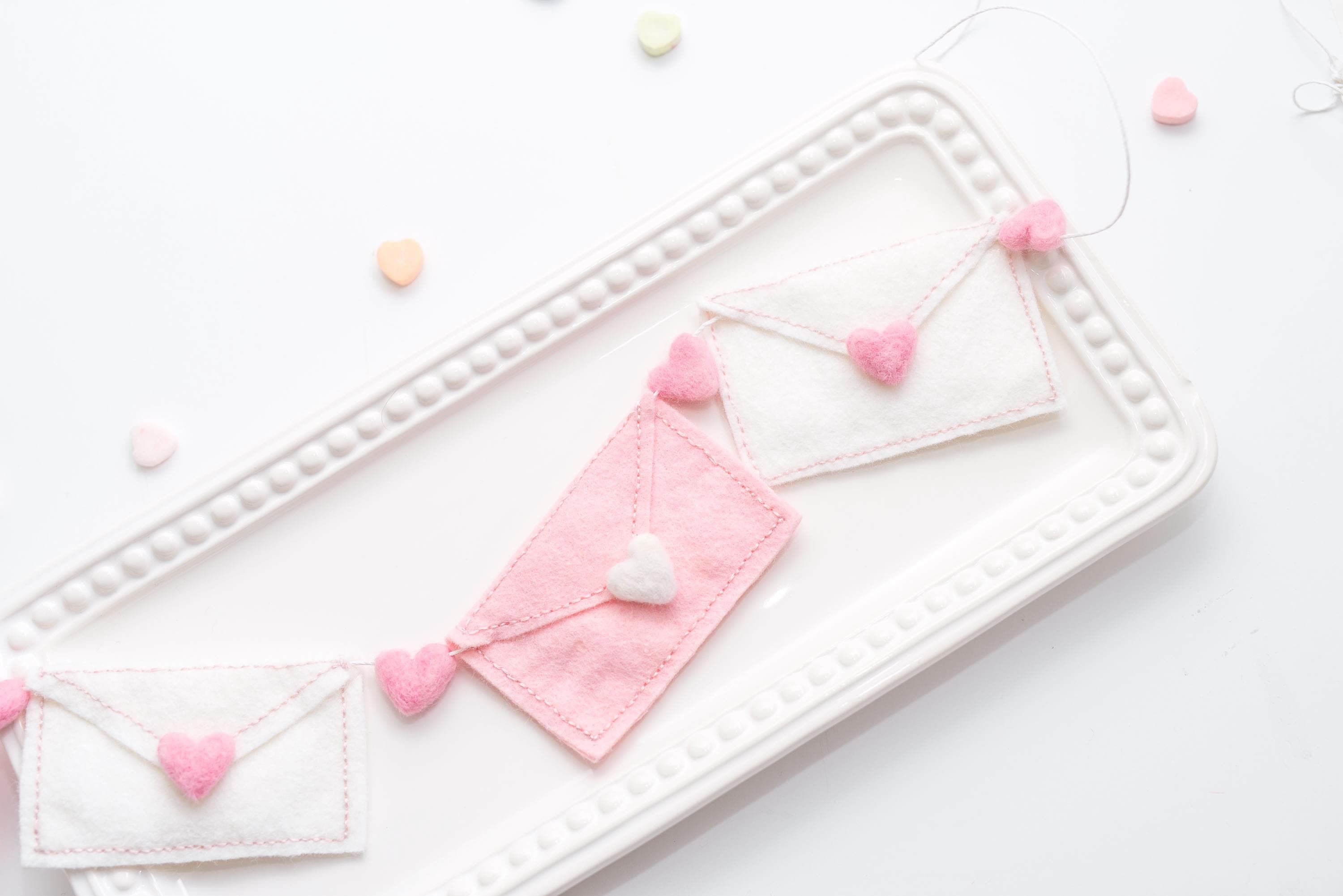 Pink and White Felt Valentine Envelope Garland: Love Letter Nursery Bookshelf Decor