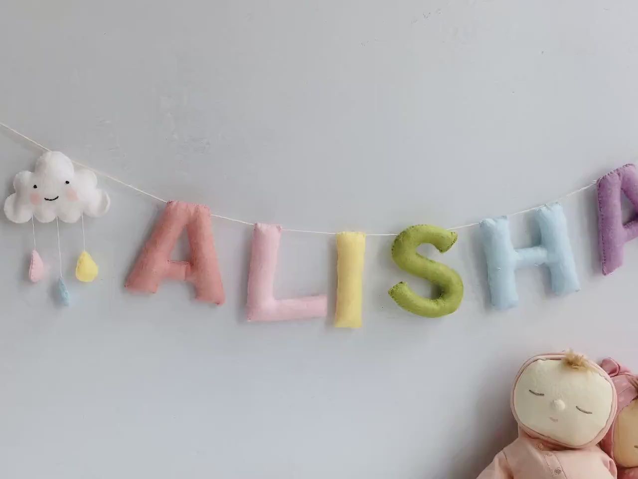 Name Sign for Nursery girl, Pastel Rainbow Felt Garland, Hanging Cloud, New Baby Gifts
